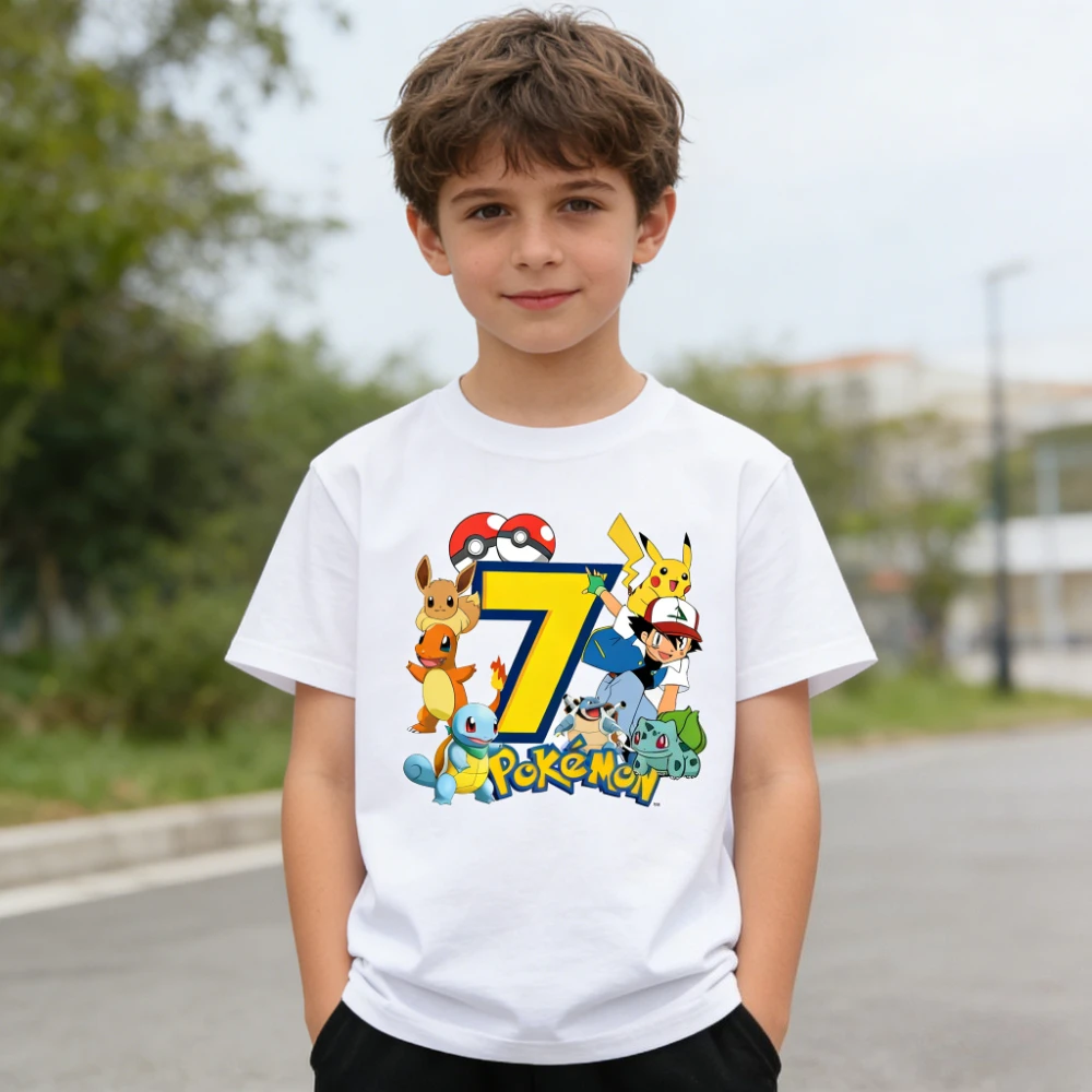 2026 Pokémon Pikachu Kinder T-Shirts Geburtstagsnummer 1-9 Bedrucktes T-Shirt Jungen Mädchen Sommer Kurzarm-Oberteile Kinderkleidung