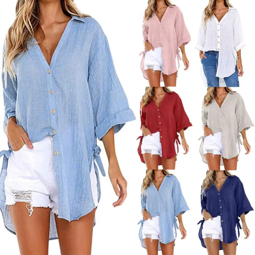 Top Shirt Blouse Loose Turn Down Collar Summer Buttons Shirts Women Blouse Women Blouses 2021 Linen Irregular Hem Belt Woman Rou