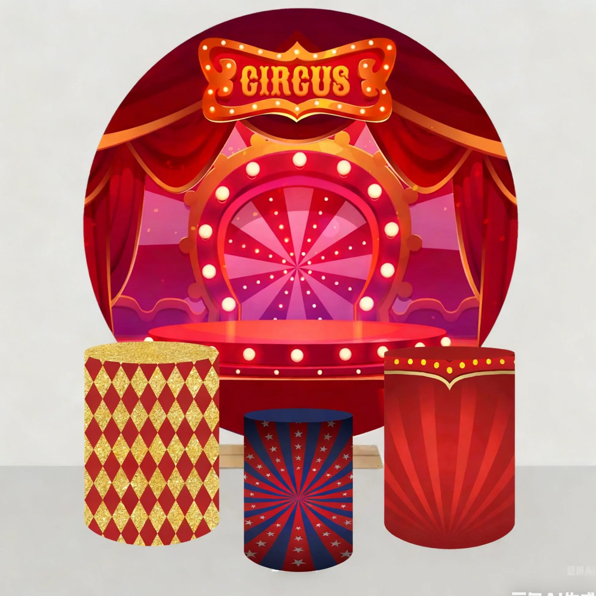 

Red Circus Carnival Theme Round Background Cover And Red Blue Cylinder Cover Children Birthday Party Photo Background Decoration