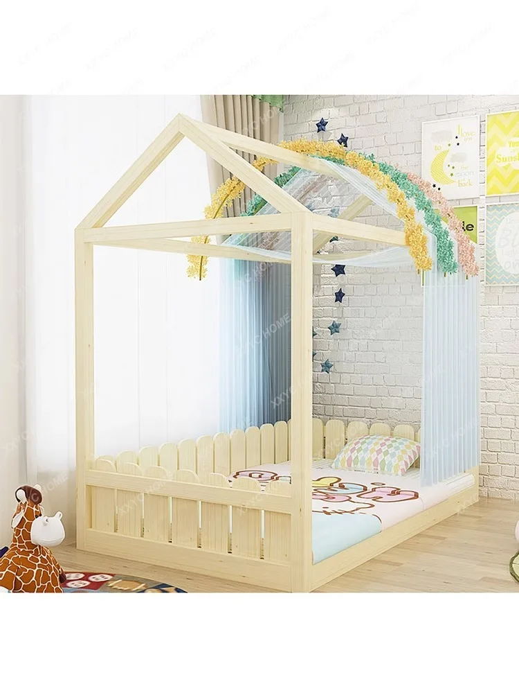 Solid Wood Children's Bed Small Bed Child Bed Children's Single Bed Pine Small Room Mosquito Net Top