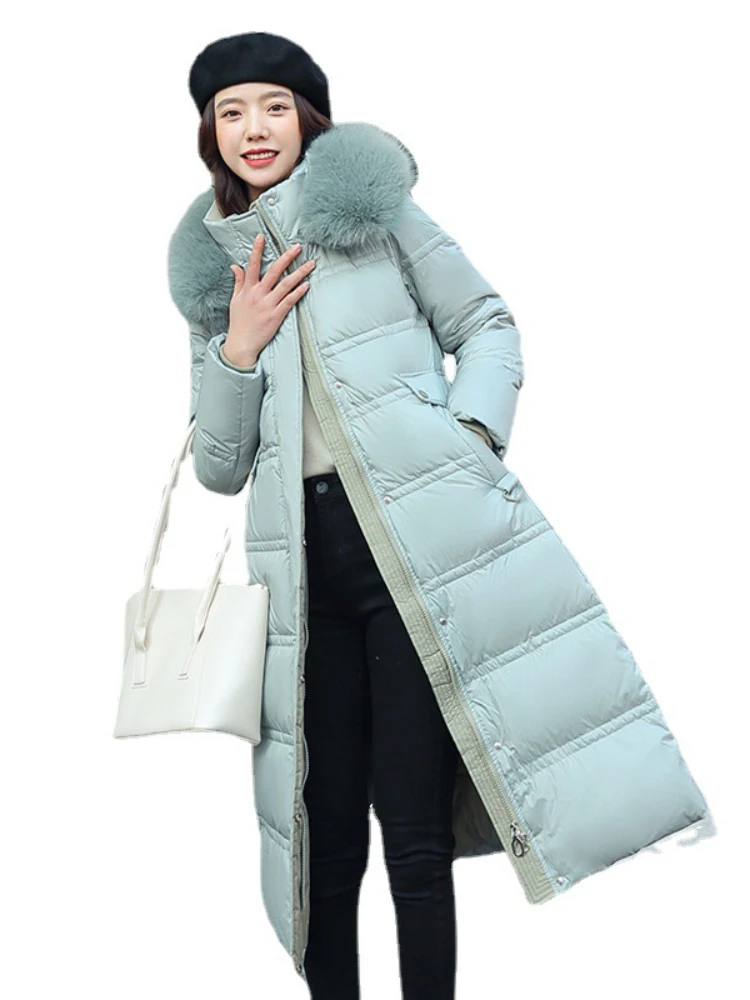 Cotton-padded Jacket Women's Long Hair Neck Hood Slim Coat Winter Coat Temperament Knee Padded Jacket Parkas Coats Warmer