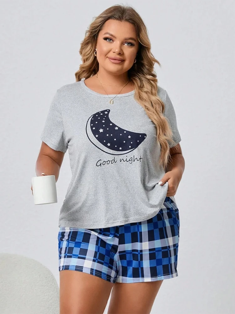 5XL Plus SIze Summer Women's Pajamas Set Screw Neck Tee & Shorts Sleepwear 2 Pieces Print Nightwear Elastic Waist Homewear Cloth
