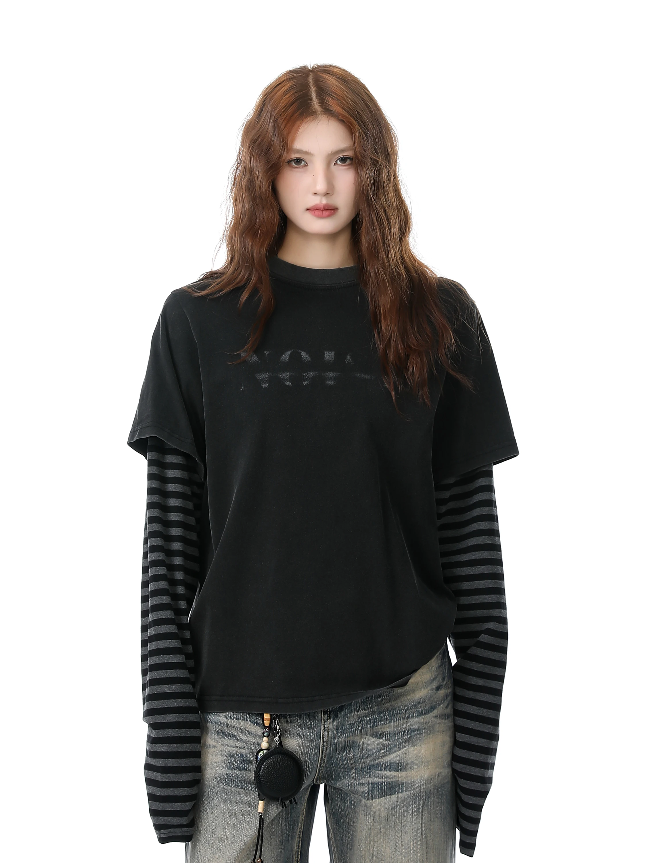 

OEOT Весенняя американская ретро-футболка с эффектом потертости, в полоску, имитация двухслойности, с длинным рукавом, свободного кроя, с имитацией двухслойности