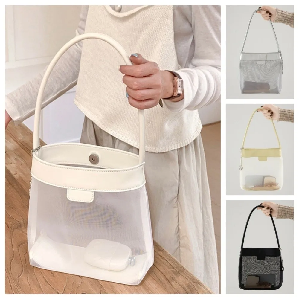 

Korean Style Lightweight Mesh Bucket Bag Simple PU Leather Transparent Bag Large Capacity Commuting Single Shoulder Bag Unisex