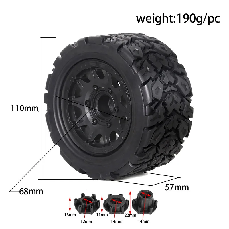 4pcs 110mm 1/10 Monster Stunt Truck Tire 12mm and 14mm Hex for Traxxas MAXX ARRMA Granite KRATON Outcast Tamiya Losi Redcat RC