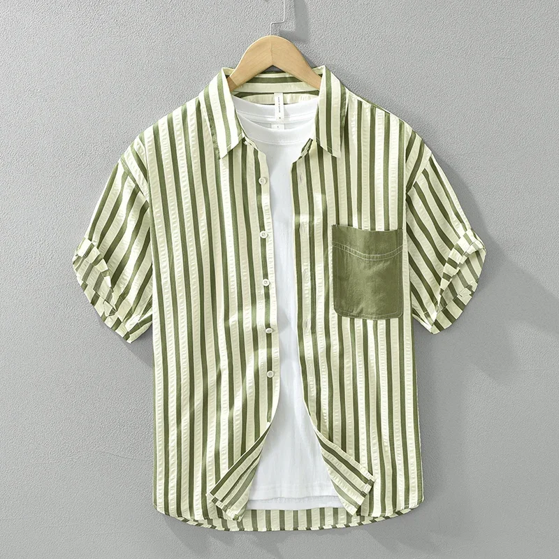 Camisa de manga corta a rayas para hombres, camisas casuales con cuello vuelto de algodón, ropa de moda masculina, verano, nuevo