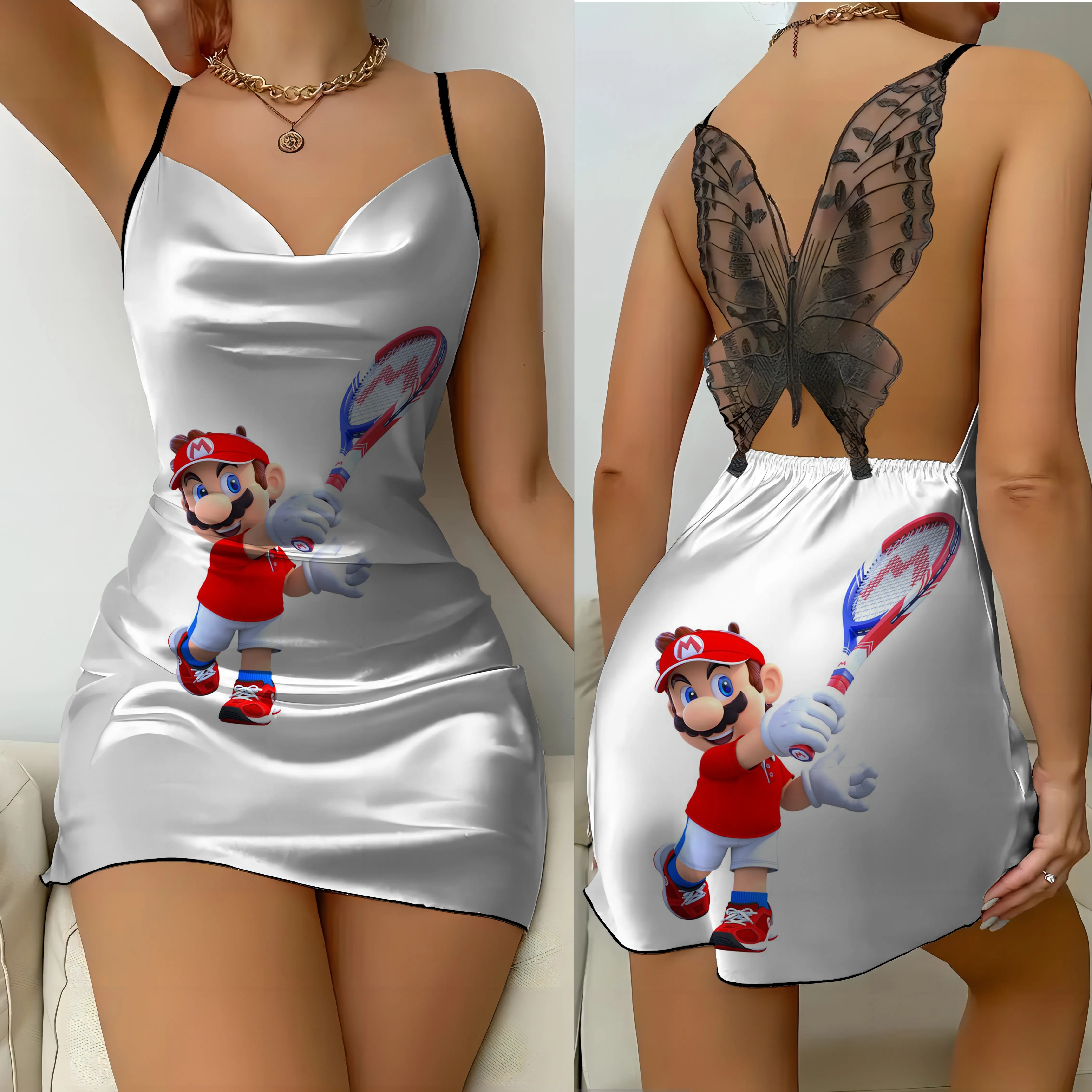 Vestido corto de encaje con espalda descubierta para mujer, minivestido Sexy con estampado de Mario satinado, falda de pijama con lazo para fiesta, verano 2024