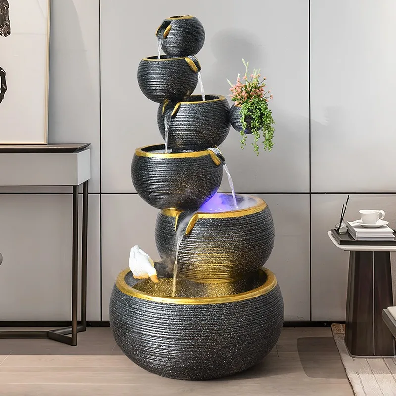 European-style running water fountain ornament, home living room humidification lucky water feature floor crystal creative water