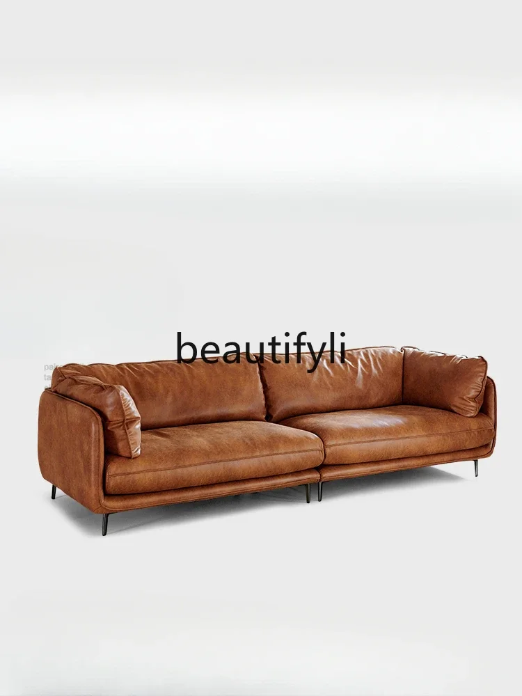 

French retro oil wax leather sofa down first layer cowhide medieval small apartment split straight row sofa