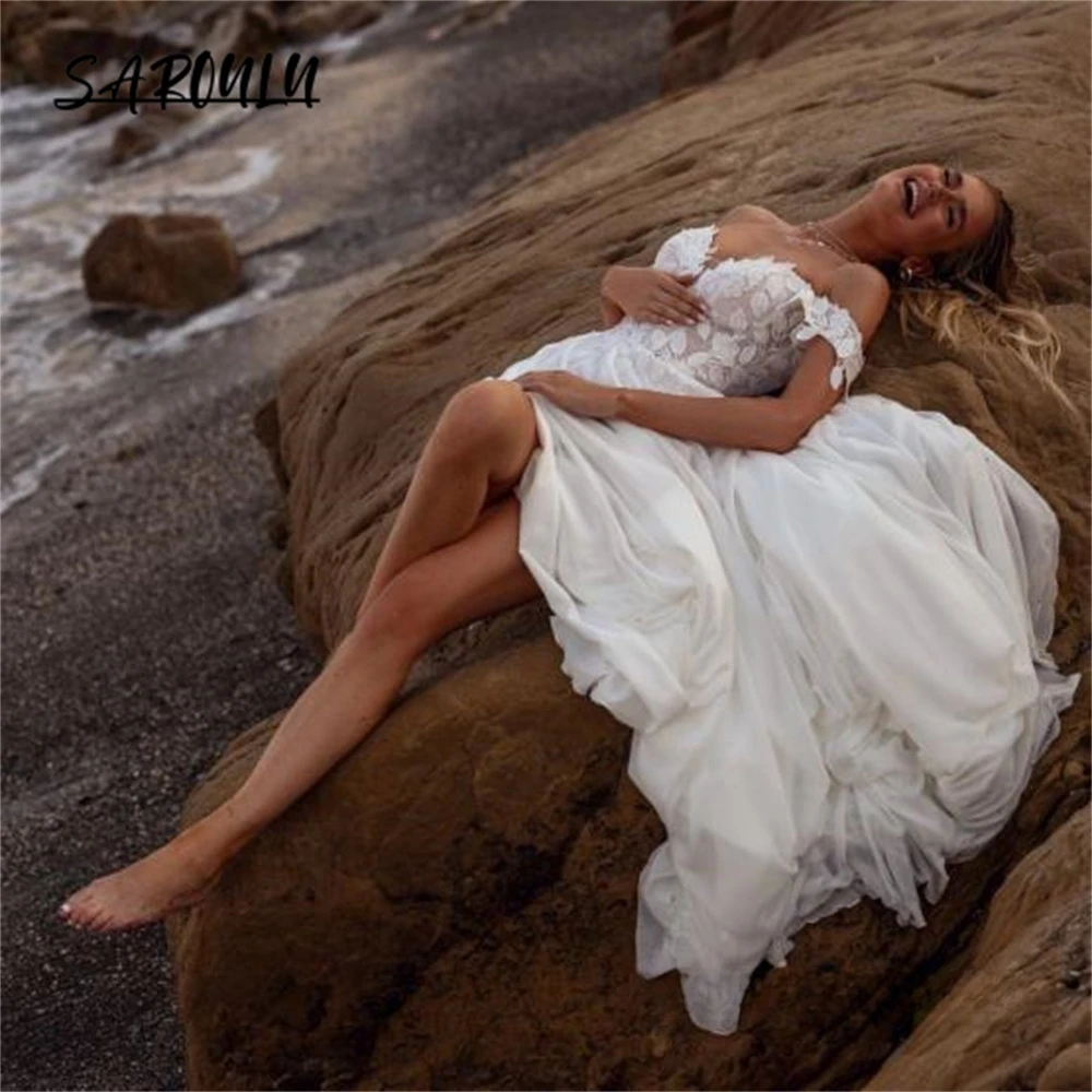 Abito da sposa da spiaggia Appliques di pizzo una linea abito da sposa lungo da sposa con spalle scoperte abiti da sposa Boho Robe De Mariee