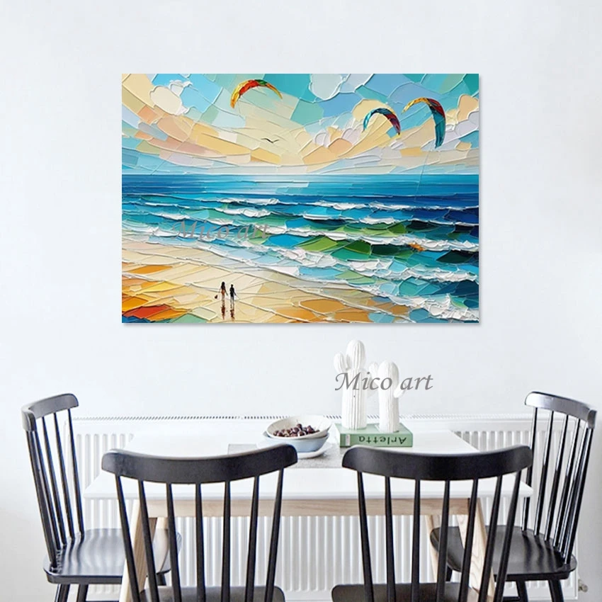 

Frameless Knife Oil Painting Canvas Roll, Wall Hanging, Modern 3D Sea Beach and Paraglider, Abstract Landscape Art Picture