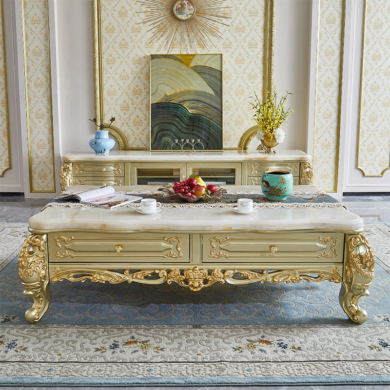 European style marble TV cabinet, coffee table combination set, villa, large living room, all solid wood