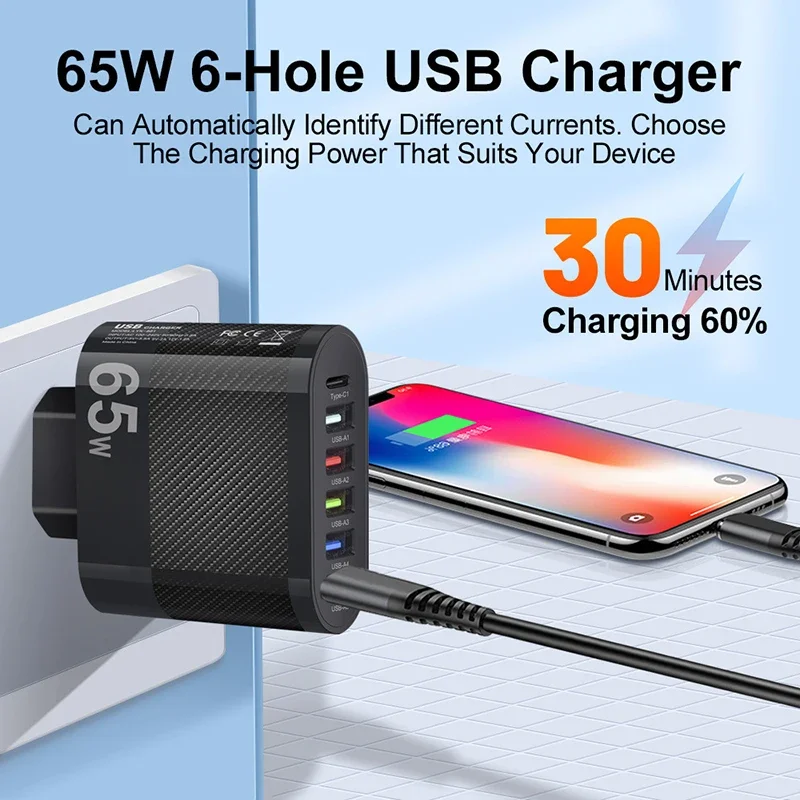 65 واط متعدد المنافذ 5USB + 1 Type-c الهاتف محول الشحن السريع الولايات المتحدة المملكة المتحدة الاتحاد الأوروبي قابس طاقة محول السفر الجدار شاحن