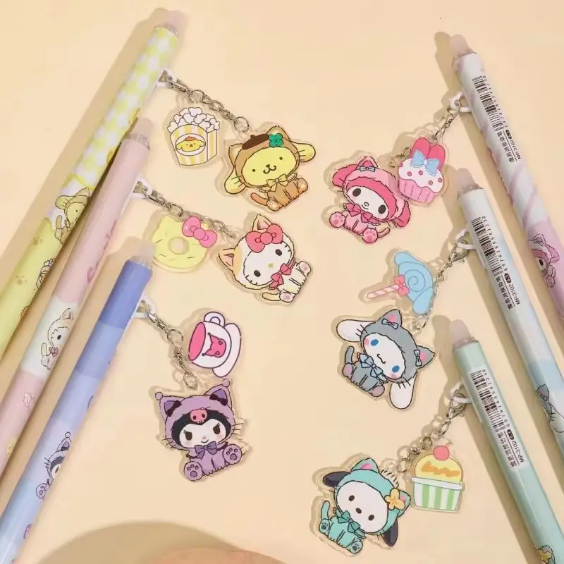 36pcs Sanrio Melody Hello Kitty Kuromi Gel Pens Erasable Pendant Gel Ink Pen Cartoon Keychain Signing Pen Stationery Wholesale