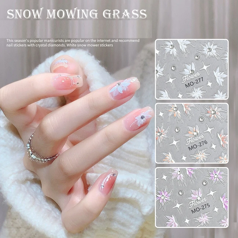 5d em relevo decalques da arte do prego diamantes studs neve cortar grama flor branca flores unhas adesivos decorações para manicure