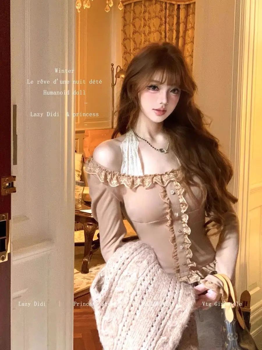 Spring Japanese Sweet Long Sleeve Sweater Women Elegant Chic Bow Off Shoulder Solid Thin Pullover Cute Pretty Skinny Lace Up Top