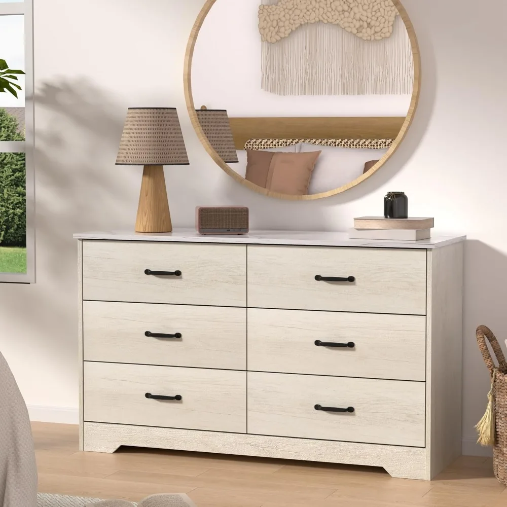 خزانة غرفة نوم مزدوجة ذات 6 أدراج بيضاء مغسولة مع مساحة تخزين وحامل تلفزيون #5