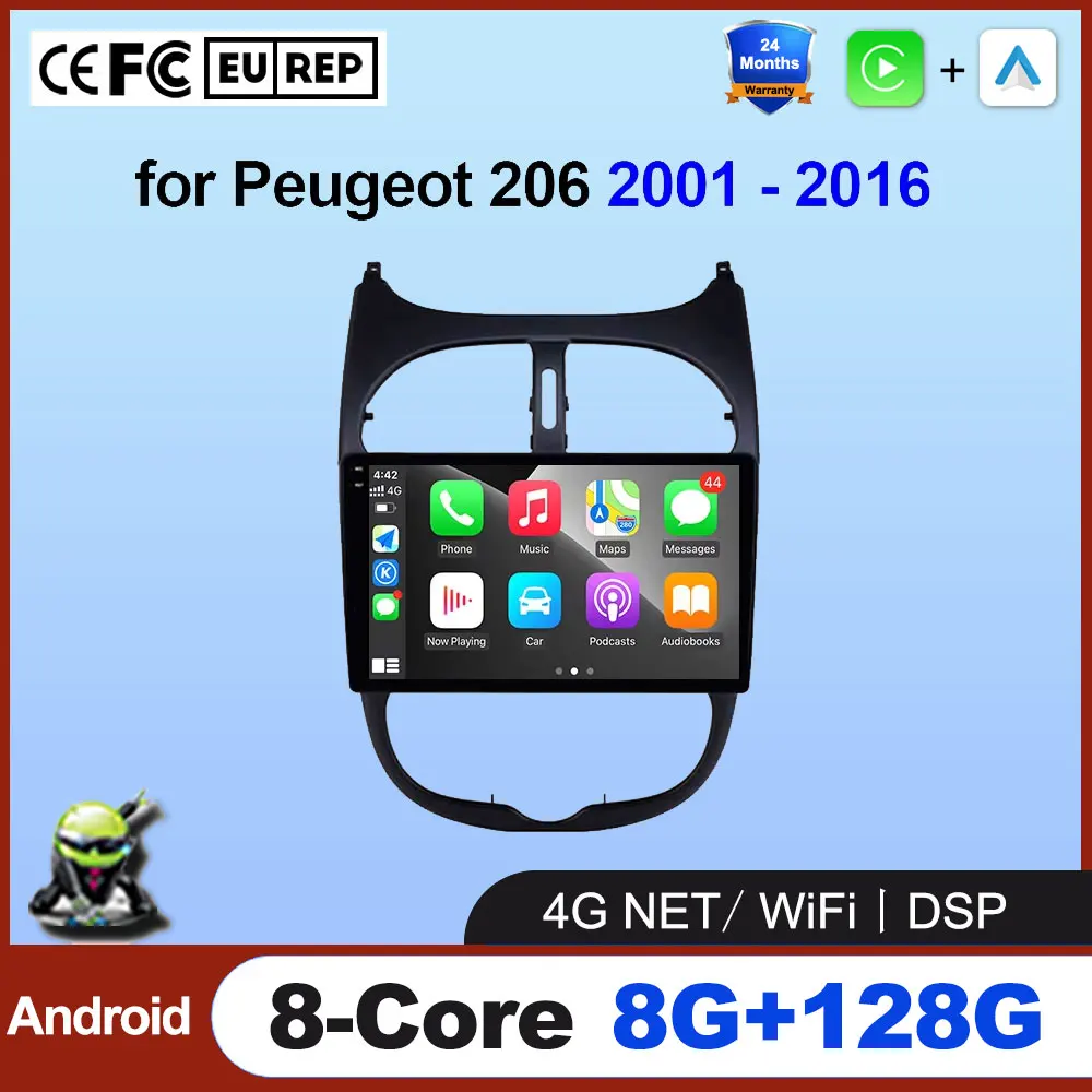 Car Radio For Peugeot 206 206SW 206CC 2000 -  2008 Android 16 Carplay Multimidia Video Player Wireless Carplay Auto Tools Fan