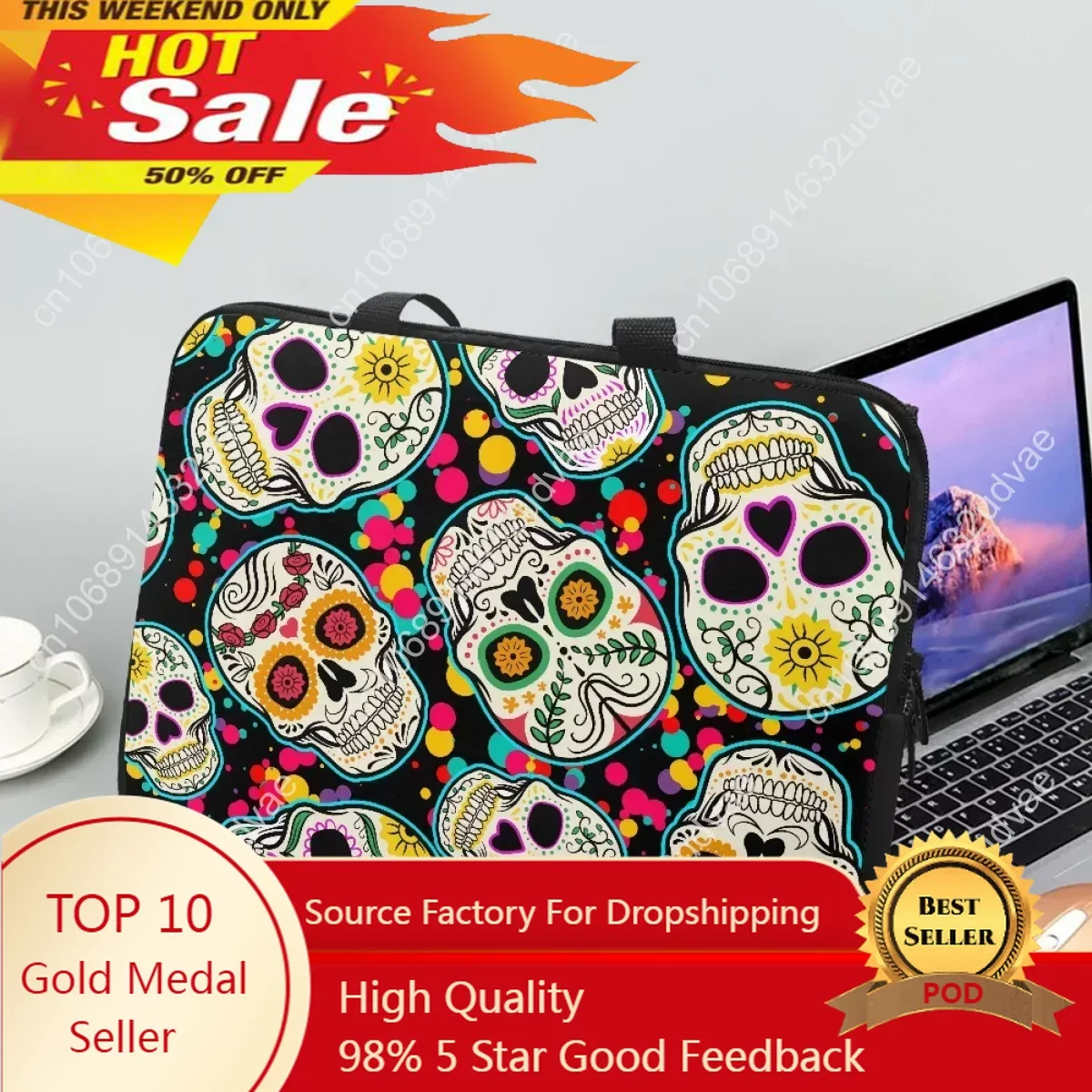 New Sugar Skull Printing Tablet Bag 10 12 13 15 17Inch Handle Universal Notebook Case Laptop Bags Adult Halloween Gift Briefcase