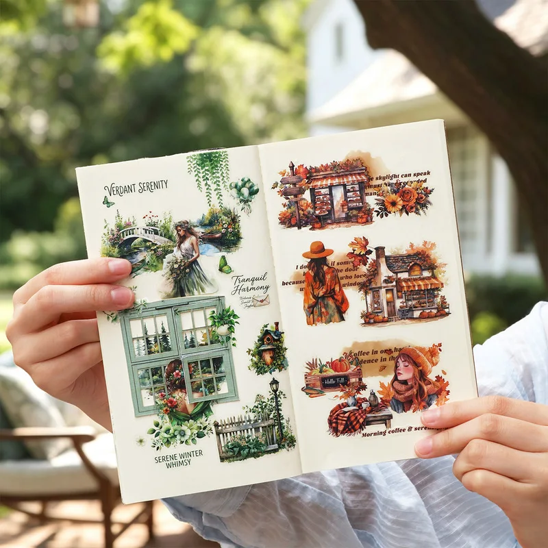 1pack/6pcs Beautiful Scenery Label Flat Stickers, Fresh Landscape Decals for Journal Album Gift Wrapping DIY Collage Craft