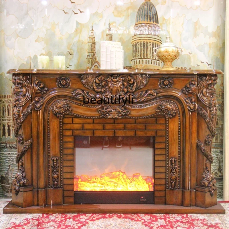 182C European-StyleSolid Wood Fireplace Living Room Carved Simulation Flame Electronic Visual Decoration Heating Stove Core Fire