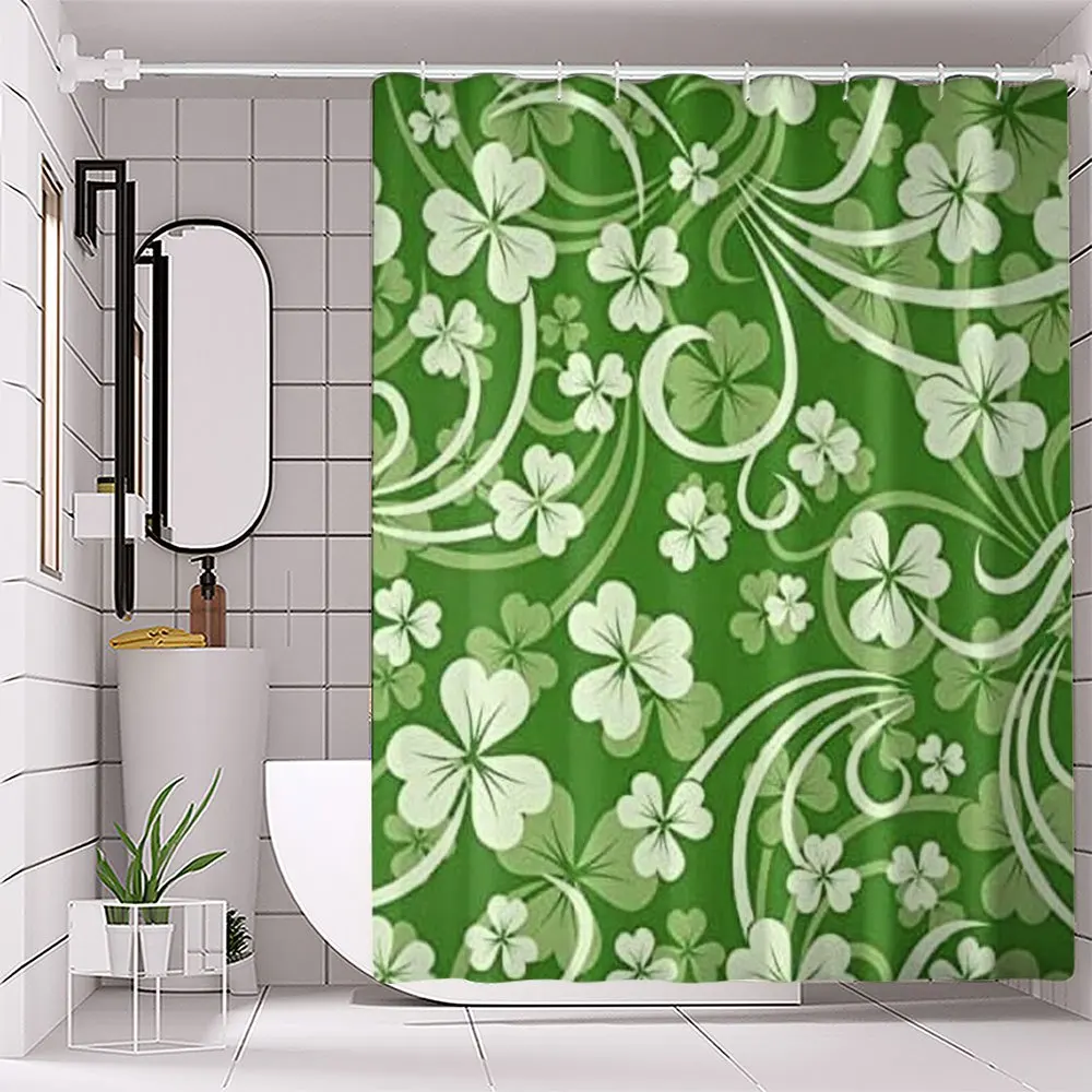 

1pc Green and white floral pattern shower curtain, polyester fabric, machine washable, suitable for bathroom decoration