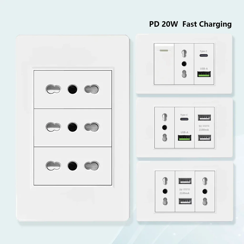 

Italy Chile Standard Outlet with USB Smart Type-c 20W Fast Charging, Dual USB Wall Socket Chile Plug Plastic Panel Light Switch