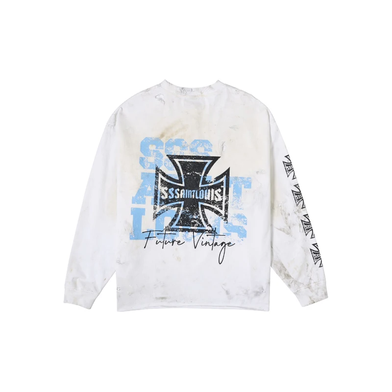 Stain Long Sleeve Sssaint Louis Graffiti Cross Label T Shirt Men Women Black White Washed Loose Hole Damaged T-shirt Tops Tee image 2