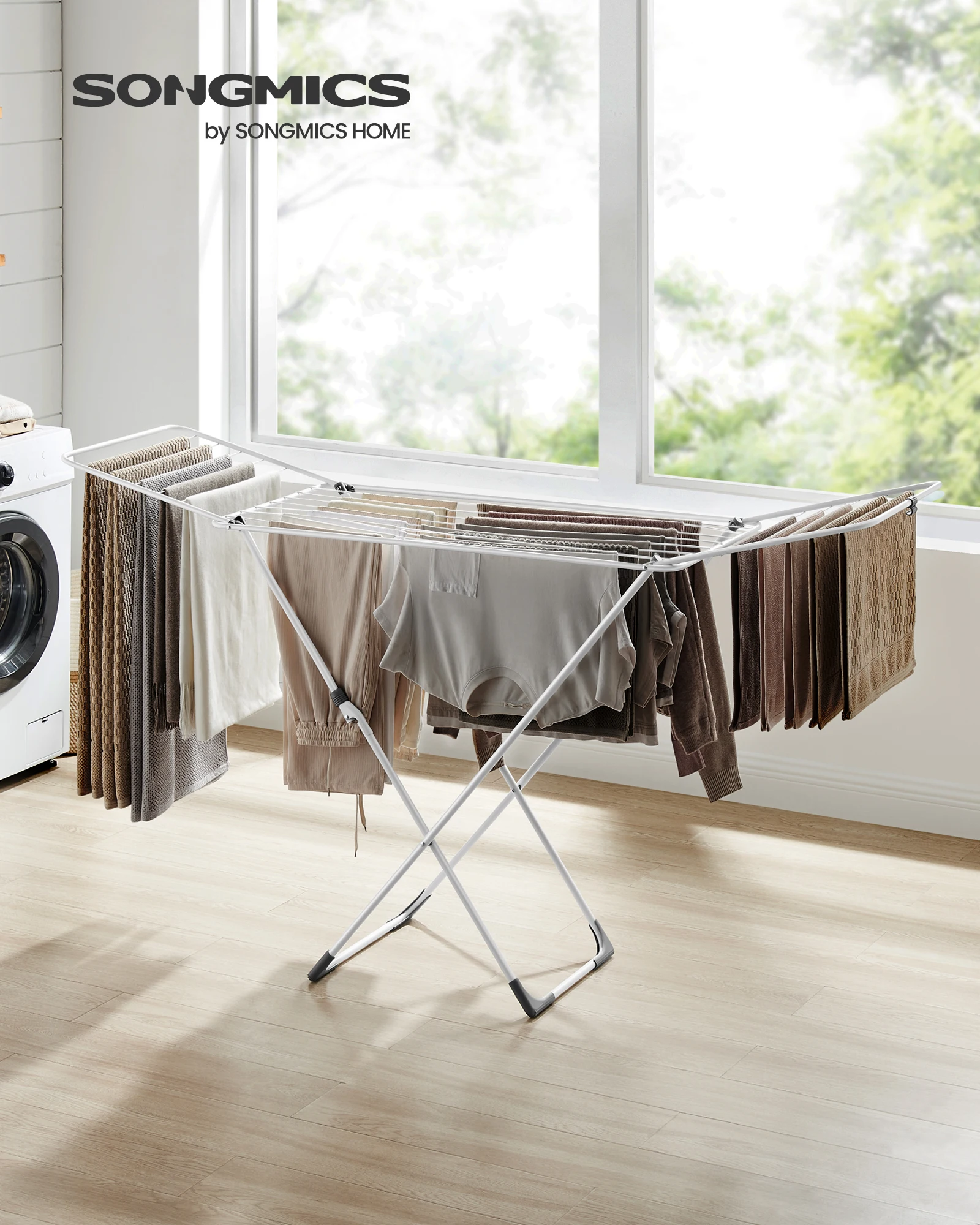 

SONGMICS Clothes Drying Rack, Metal Laundry Drying Rack, Foldable, Space-Saving, Free-Standing Airer, with 2 Gullwings, Indoor O