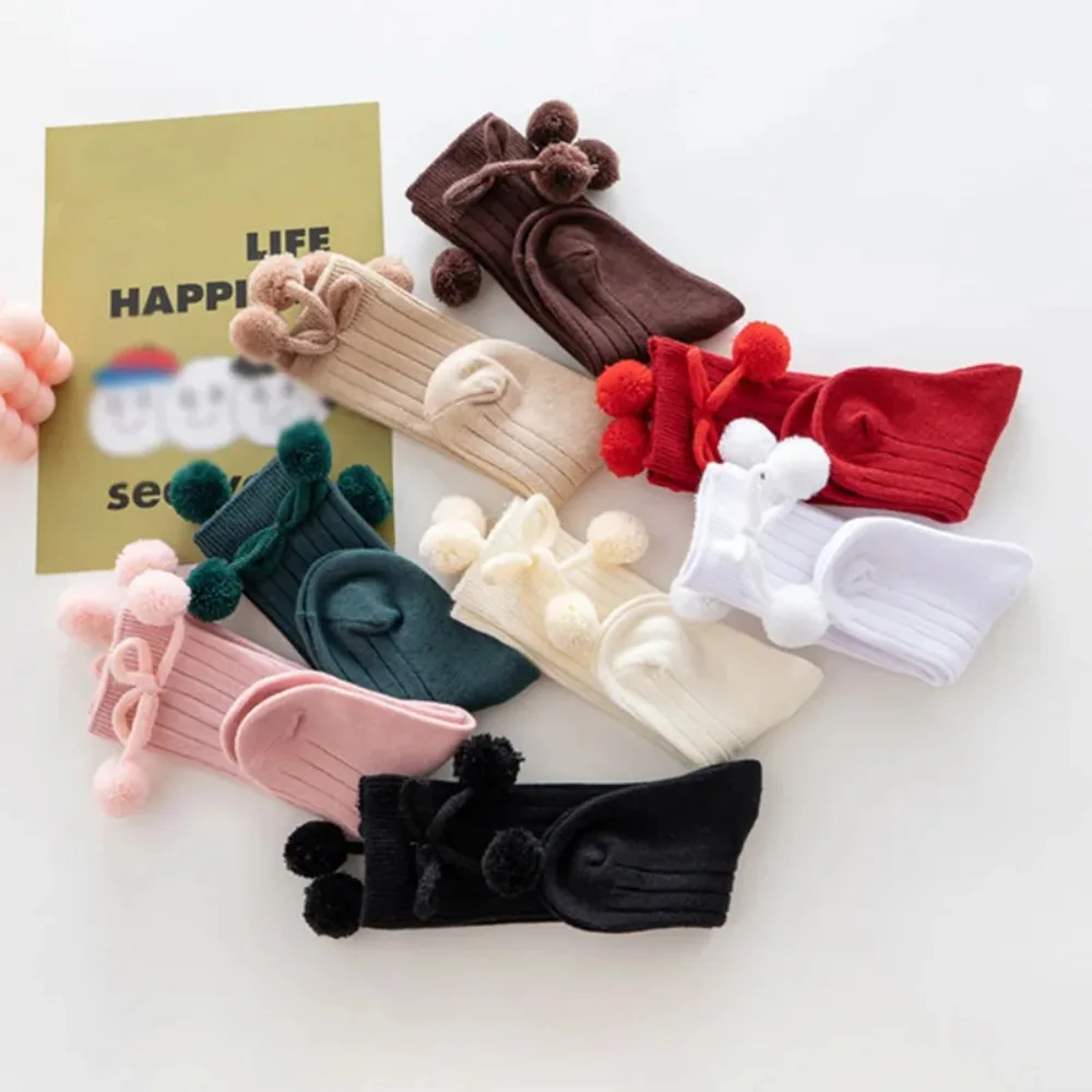 الطفل الجوارب الصلبة القطن لينة طويلة الأميرة الجوارب مع لطيف بوم بوم القوس ديكور صبي الفتيات بسط الدافئة دافئ جوارب غير رسمية جوارب #4