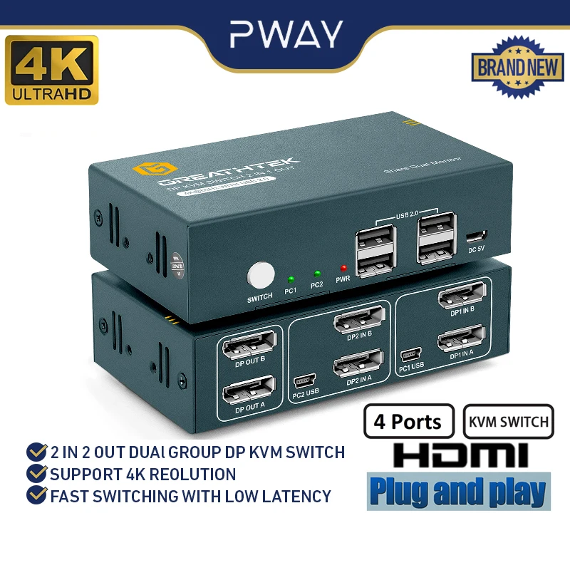 

HOOM USB DP KVM Switch 2 Set 2 In 2Out 4 USB Hub HD 4K@60Hz For PC Macbook Laptop Displayport 2 Computers Share 2 Monitor