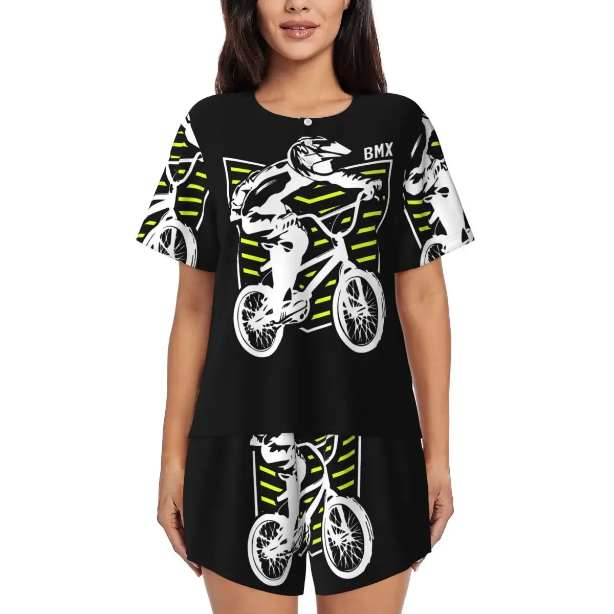 

Bmx Apparel Retro Bmx Bike Old School Patch Round Neck Short Sleeves Nightdress for Sleeping Women Soft Pajama Set Short Pants