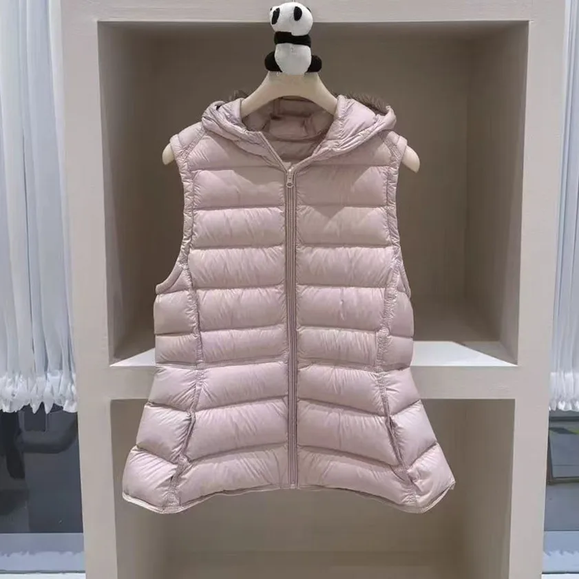 90% velvet autumn and winter new hooded pork ribs down vest women High waist cinched light down vest jacket fashion
