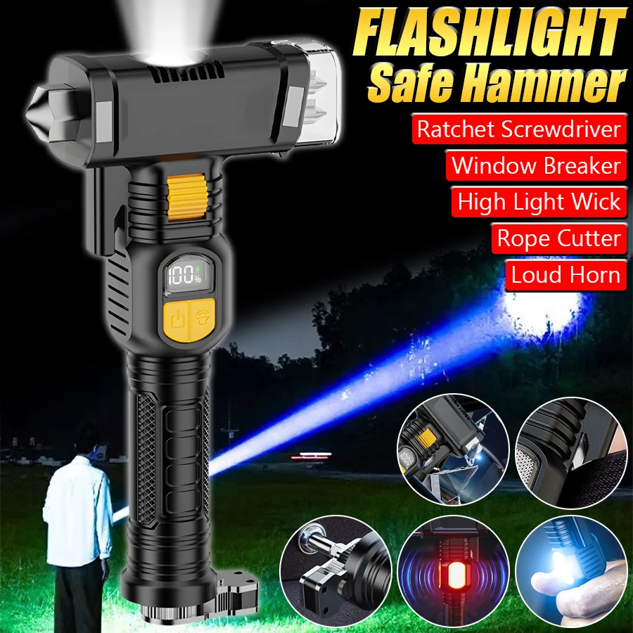 

Nice 1200LM Tactical Led Flashlight ,Safety Hammer With Strong Magnet, Waterproof Emergency Self-Rescue Torch With Beeping Alarm
