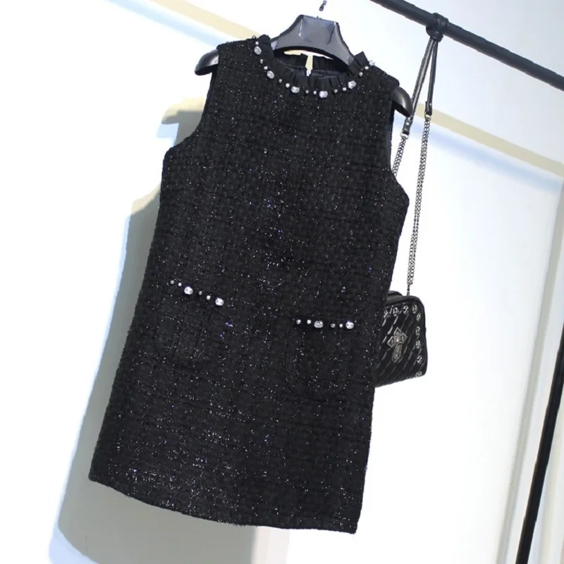 Women's Autumn Winter Black Tweed Fragrant Wind Handmade Beaded Sleeveless Tank Top Dress