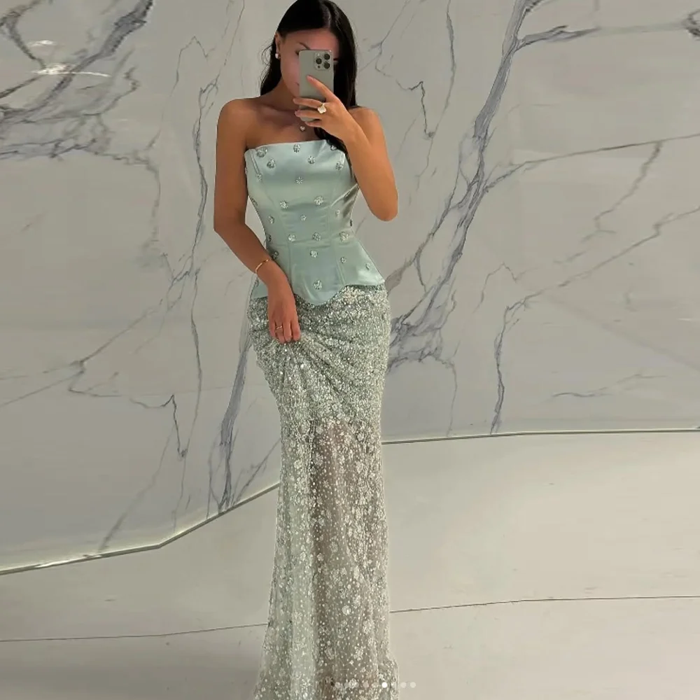 

Индивидуальное зеленое вечернее платье русалки с бисером без бретелек, без рукавов, вечернее платье длиной до пола с жемчугом