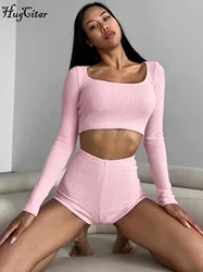 Hugcitar Autumn 2 Pcs Sets Solid Long Sleeve Square Collar Sexy Slim Crop T-Shirt Shorts Women Casual Outfits Streetwear Workout