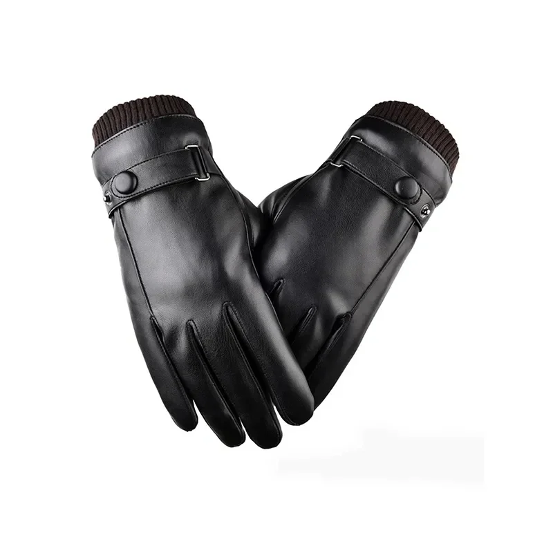 Guantes de cuero PU negros a la moda de invierno, guantes de cuero de conducción de estilo fino para hombre, guantes antideslizantes con dedos completos y pantalla táctil de palma