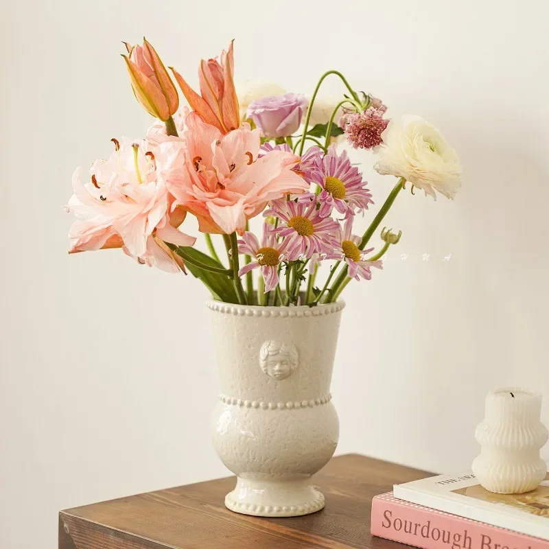 European Ins Style Relief Ceramic Vase Retro Flower Arrangement Art Home Decoration Ornament