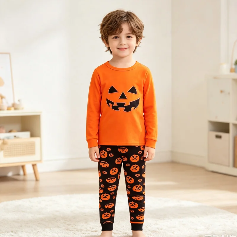 Little Hand Kids Halloween Pumpkin Pajamas Set Long Sleeve Cotton Sleepwear Casual Outerwear for Boys Girls 2-7Y