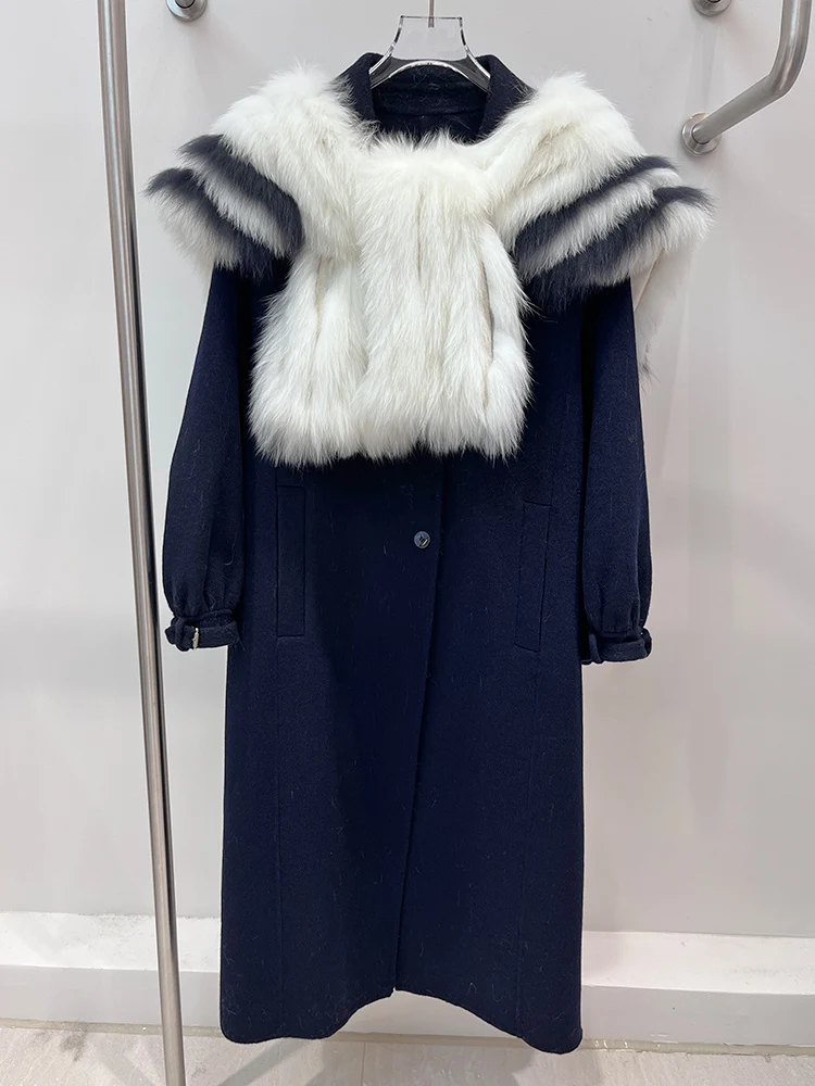 2025 nouvelle mode femmes hiver fourrure de renard naturelle col bleu marine longue laine manteau de laine vêtements d'extérieur pour femmes veste de rue