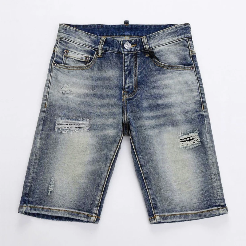 

Skinny Jeans Men's Summer Shorts Retro Blue Slim Ripped Hole Trendy Stretch Denim Pants Knee Length Hip Hop Streetwear
