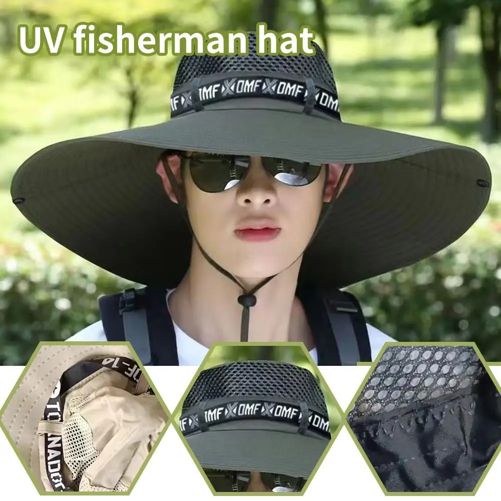 Summer Sunscreen Fisherman Cap Oversized Brim UV Protection Breathable Mesh Outdoor Men Women Fishing Hiking Sun Caps