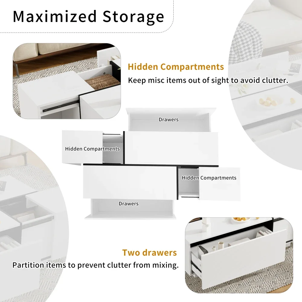 Extendable Coffee Table,Multi-Functional Coffee Table with High-Gloss Finish,2 Hidden Storage Space and 2Drawers,LivingRoom