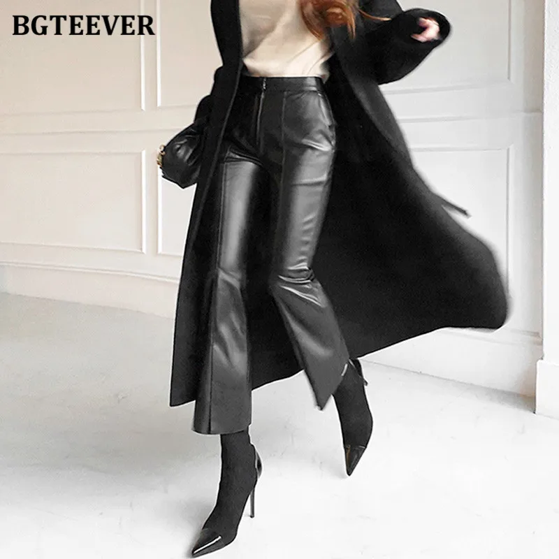 BGTEEVER Winter Velvet Split PU Leather Pants for Women Elegant High Waist Pockets Black Ladies Pu Trousers