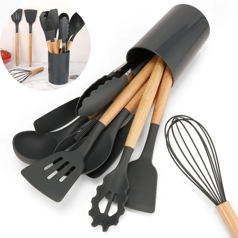 

12pcs Silicone Cooking Utensils Set Wooden Handle Kitchen Cooking Tool Non-stick Cookware Spatula Shovel Egg Kitchenware Durable