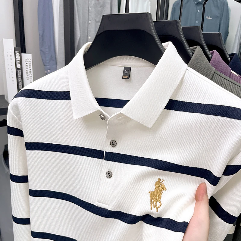 قماش مخطط شعار الحصان الشعبي المطرز للرجال بأكمام طويلة تي شيرت الخريف تنوعا الأعمال قاعدة طية صدر السترة قميص بولو #4