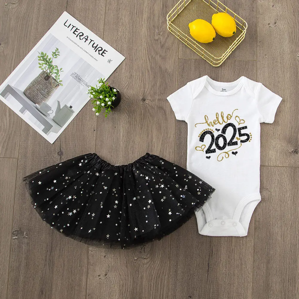 Hello 2025 Print 2 Piece Baby Girls Bodysuit Dress Set New Year Girl Short Sleeve Romper + Tutu Skirt Infant Dresses Set Outfit