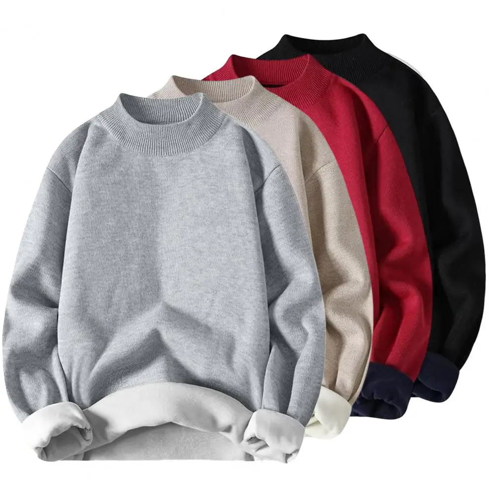 

Winter Men Sweater Solid Color Half Turtleneck Fleece Top Soft Long Sleeves Pullover Spring Knitwear Men's Clothing For Daily