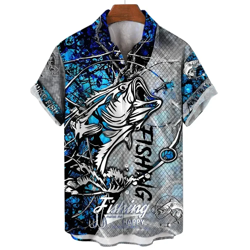 Camisa havaiana masculina estampada para pesca 3D, manga curta casual, camisas grandes e soltas, tops de rua diários, roupas unissex, verão